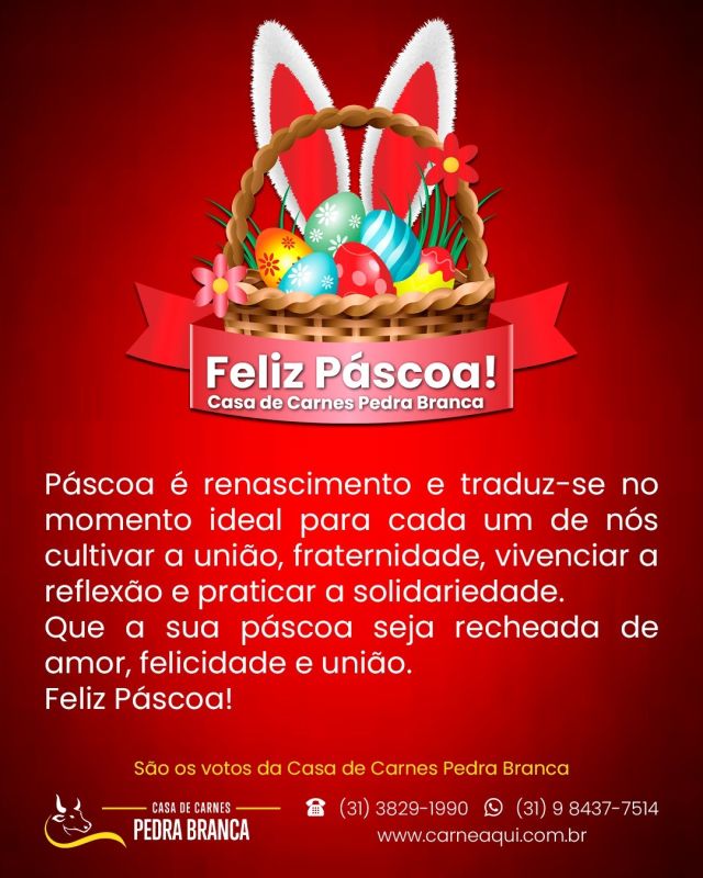 Que nesta Páscoa renasça a esperança, a paz e o amor em nossos corações. Que possamos celebrar com alegria e gratidão o verdadeiro sentido desta data tão especial. 
Feliz Páscoa! ð°ð·